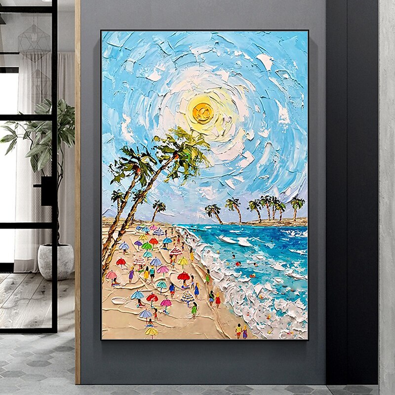 Mintura Handmade Beach Landscape Oil Paintings On Canvas Wall Art Decoration Modern Abstract Thick Texture Pictures For Home Decor Rolled Frameless Unstretched Painting