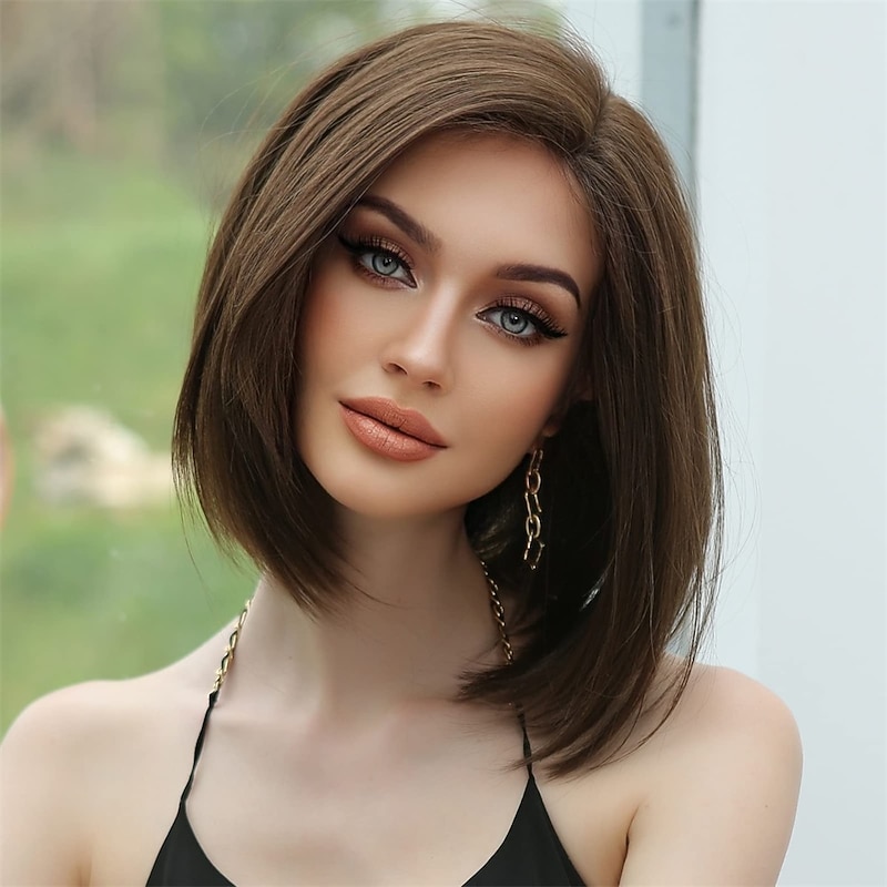 Brown Wigs for Women Bob Shoulder Length Straight Synthetic Lace Wig Side Parting with Baby Hair