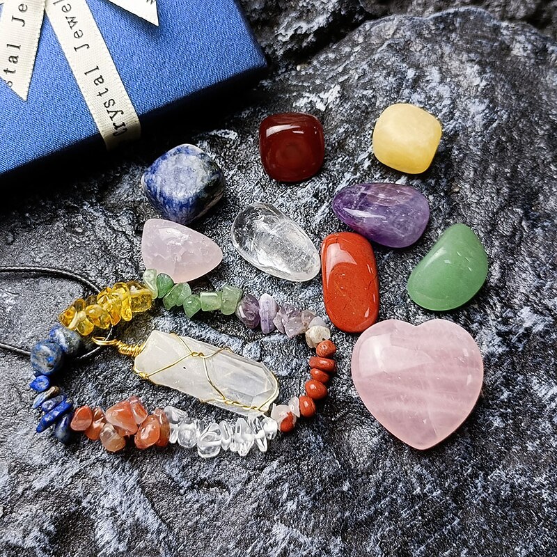 Healing Crystals，Natural Crystal Jade Seven Colored Stone Combination Set Pink Crystal Love Hexagonal Column Pendant With Multi Color Matching Gift BoxHealing Stone4