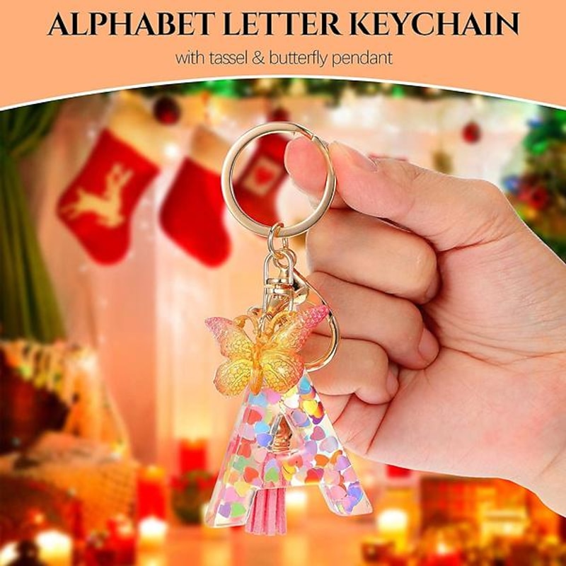New Exquisite 26 Letter Resin Keychain with Pink Tassel Gradient Butterfly Pendant Key Ring Women Bag Ornaments Accessories Gift4
