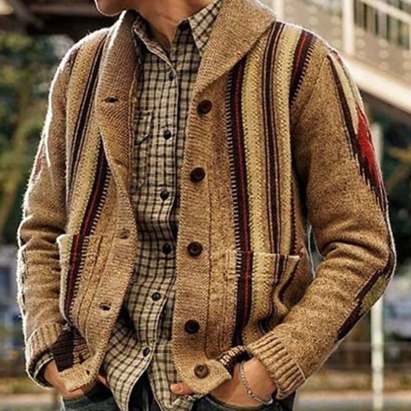 Male Cardigan Sweater Cardigan Sweater Jacket Chunky Knit Regular Jacquard Shawl Collar Daily Wear Clothing Apparel Fall Winter khaki M L XL2