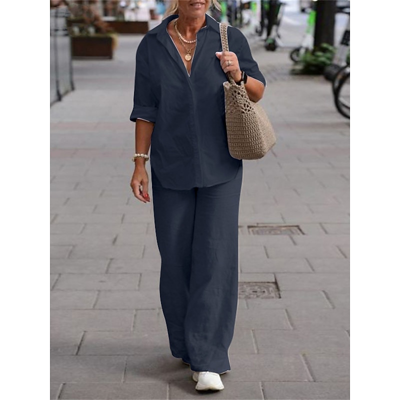 Women's Simple Casual Comfort Shirt Cotton Linen Sets Two Piece Sets Long Sleeve Long Pant Lapel Pure Color Buttons Home Street Daily Black Pink Blue Summer2