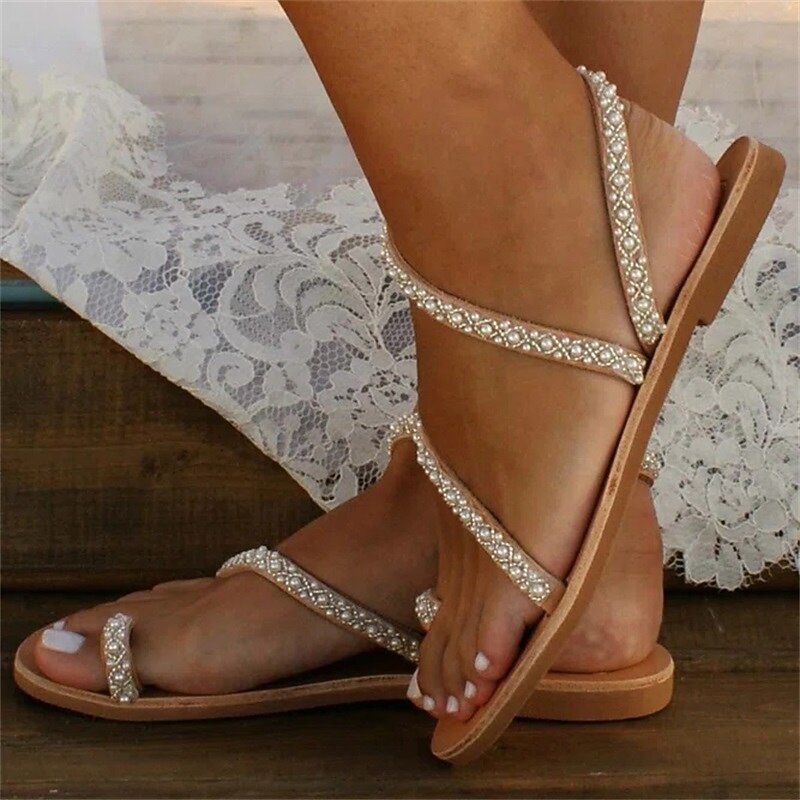 Women's Rhinestone Embellished Flat Sandals with Toe Loop and Crisscross Straps - Elegant Wedding and Summer Beach Shoes3