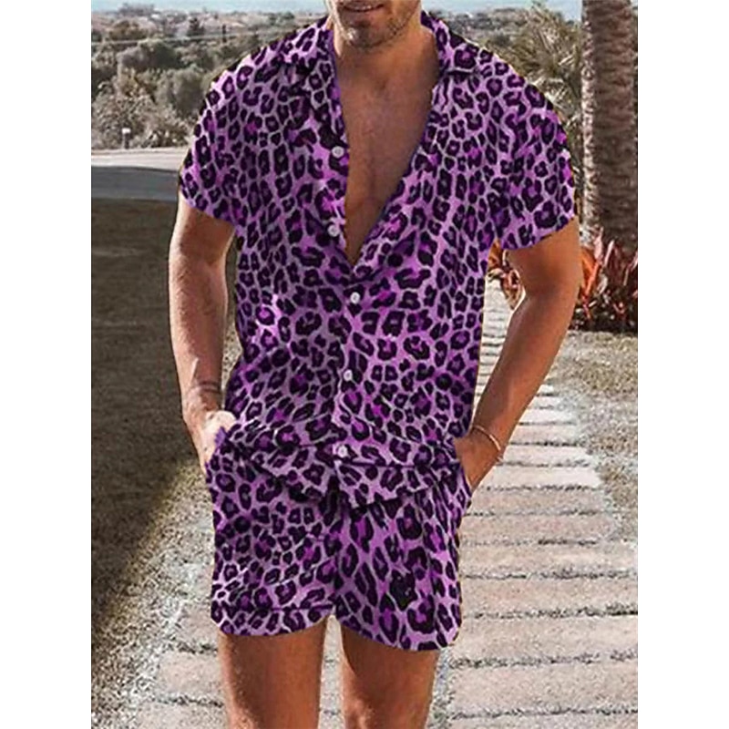 Men's Leopard 2pcs Shirts Sets Summer Hawaiian Shirt Short Sleeve Short Pants Turndown Tropical Fashion Hawaiian Casual Holiday Beach Print Summer Spring Blue Purple Brown4