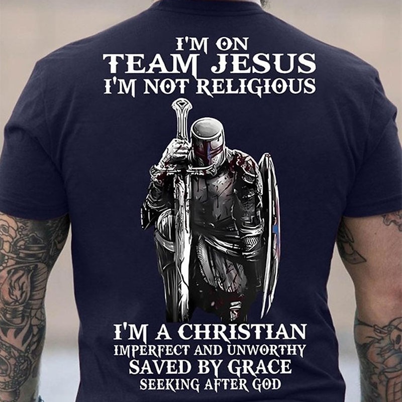 Men's Christian Graphic T-Shirt: Team Jesus, Not Religious, Saved by Grace Knight Tee4