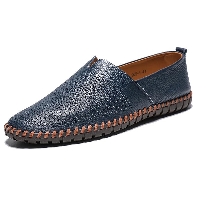 Men's Blue Breathable Slip-On Loafers with Perforated Upper and Hand-Stitched Sole, Casual Leather Moccasins for Summer Driving, Travel and Daily Wear
