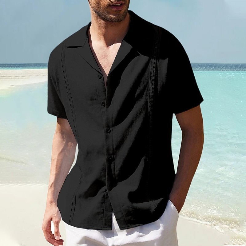 Men's Shirt Linen Shirt Cotton Linen Shirt Guayabera Shirt Summer Shirt Beach Shirt Plain Vacation Casual Black White Navy Blue Blue Short Sleeve Camp Collar Summer Clothing Apparel4