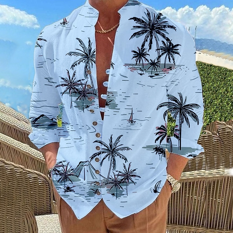 Men's Coconut Tree Tropical Plants Shirt Summer Hawaiian Shirt Aloha Shirt Long Sleeve Shirt Stand Collar Fashion Designer Casual Outdoor Vacation Street White Pink Blue S M L2
