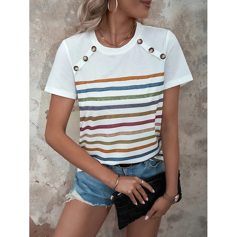 Women's T Shirt Striped Fashion Short Sleeve Round Neck Regular Tops Casual Daily Buttons Print Black White Wine Blue Summer