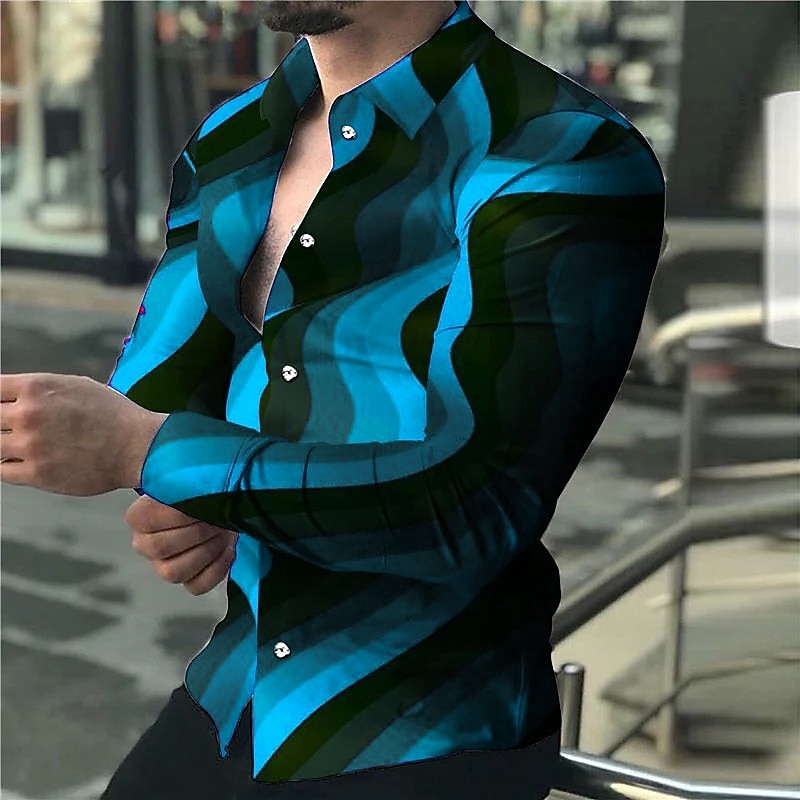 Men's Striped Geometry Flame Shirt Button Up Shirt Long Sleeve Fashion Designer Casual Outdoor Daily Fall & Winter Turndown Print Button-Down Royal Blue Blue Sky Blue Dark Blue4