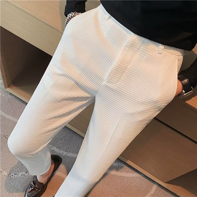 Men's Waffle Graduation Dress Pants Trousers Suit Pants Pocket Plain Comfort Breathable Outdoor Daily Going out Fashion Casual Black White2