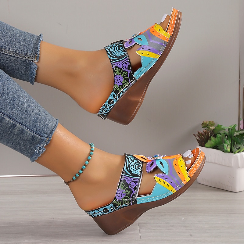 Women's Colorful Bohemian Floral Sandals – Hand-Painted Open-Toe Wedge with Comfortable Sole for Summer and Casual Wear2