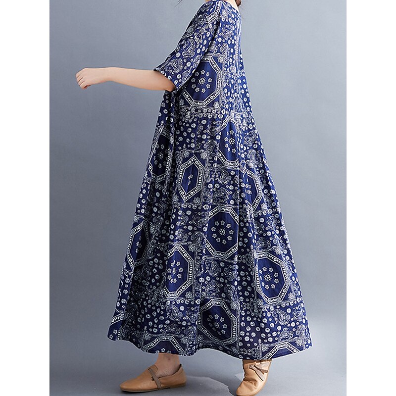 Women's Maxi long Dress Casual Dress Ethnic Dress Swing Dress Summer Dress Vintage Retro Casual Vacation Daily Holiday Loose Fit Tribal Half Sleeve Crew Neck Black Red Navy Blue Summer Spring Fall2