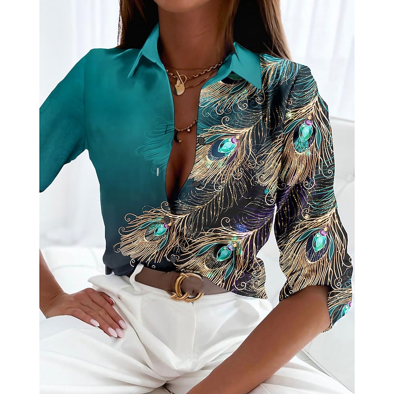 Women's Shirt Long Sleeve Button Down Blouse Basic Neon & Bright Buttons Print Regular Tops Shirt Collar Casual Green Spring Fall2