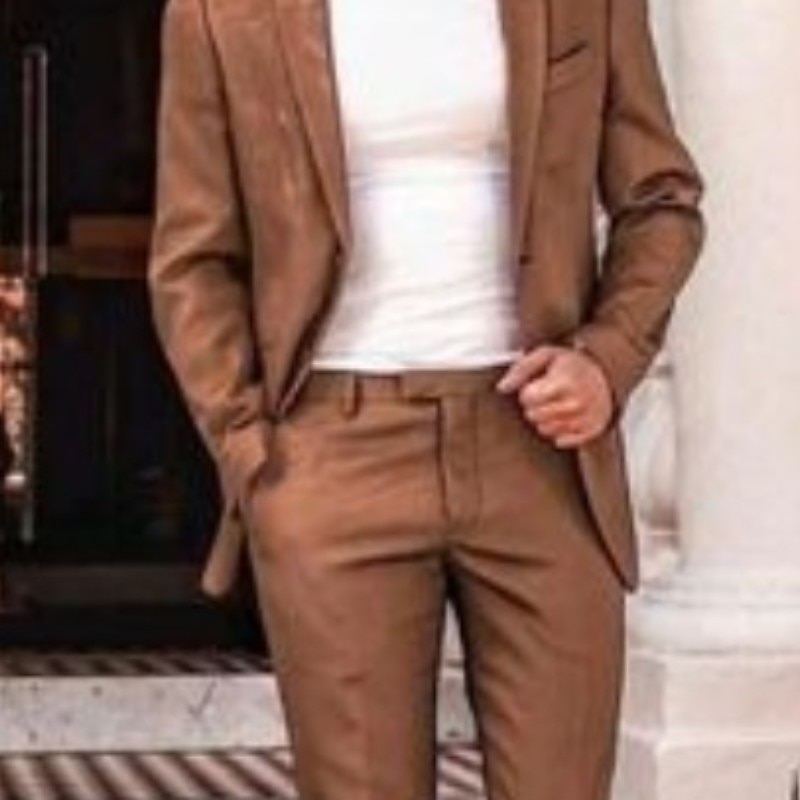 Men's Wedding Beach Linen Suits Notch Brown Beige Solid Colored Tailored Fit 2 Piece Single Breasted Two-buttons2