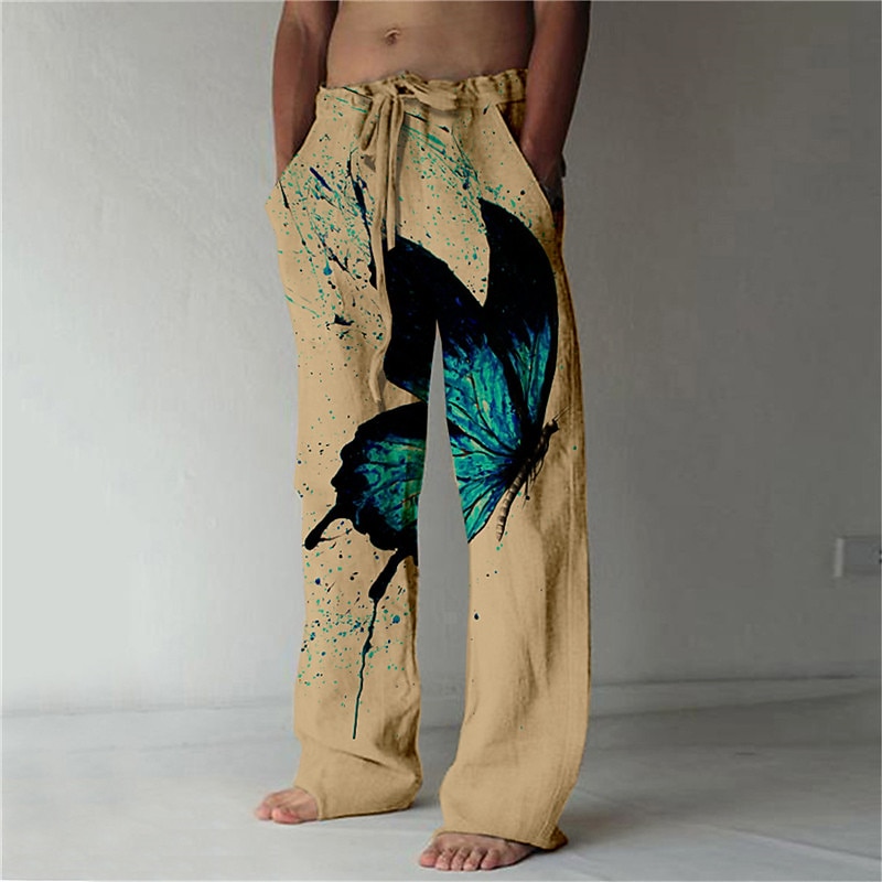 Men's Trousers Summer Pants Beach Pants Drawstring Elastic Waist 3D Print Butterfly Graphic Prints Comfort Casual Daily Holiday Streetwear Hawaiian White Green2