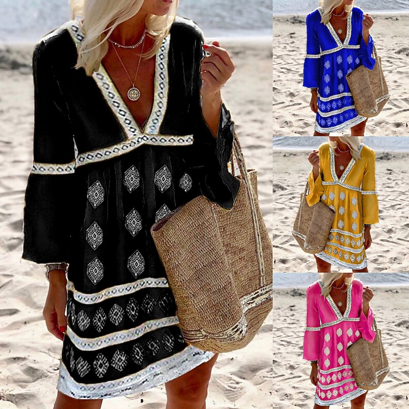 Women's Mini Dress Mini Dress Petite Dress Ethnic Dress Shift Dress Boho Dress Vacation Classic Casual Outdoor Vacation Holiday Regular Fit Geometric Long Sleeve V Neck Black Blue Gold Summer Spring