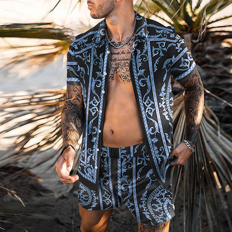 Men's 3D Print 2pcs Shirts Sets Summer Hawaiian Shirt Short Sleeve Short Pants Turndown Fashion Hawaiian Designer Outdoor Vacation Beach 3D Print Button-Down Summer Spring Black Blue Purple2
