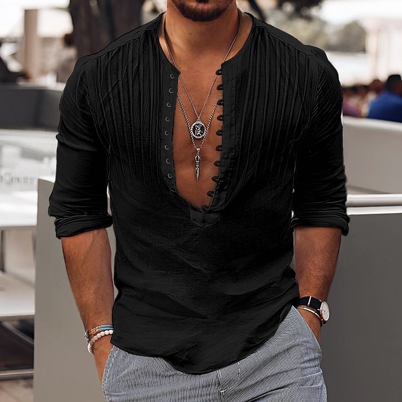 Men's Shirt Popover Shirt Summer Shirt Casual Shirt Band Collar Shirt Black White Blue Long Sleeve Plain Henley Vacation Daily Pleats Clothing Apparel Cotton Cotton Blend Fashion Casual Comfortable3