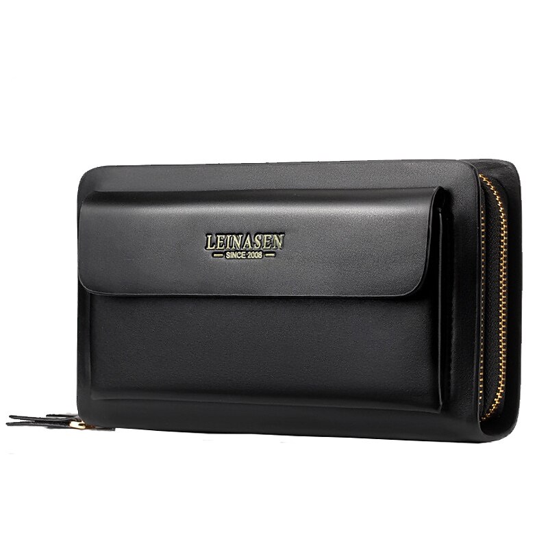 Men's Black Faux Leather Clutch Wallet – Large Capacity Zippered Business Handbag with Card Slots and Coin Pocket for Office, Travel, and Formal Occasions