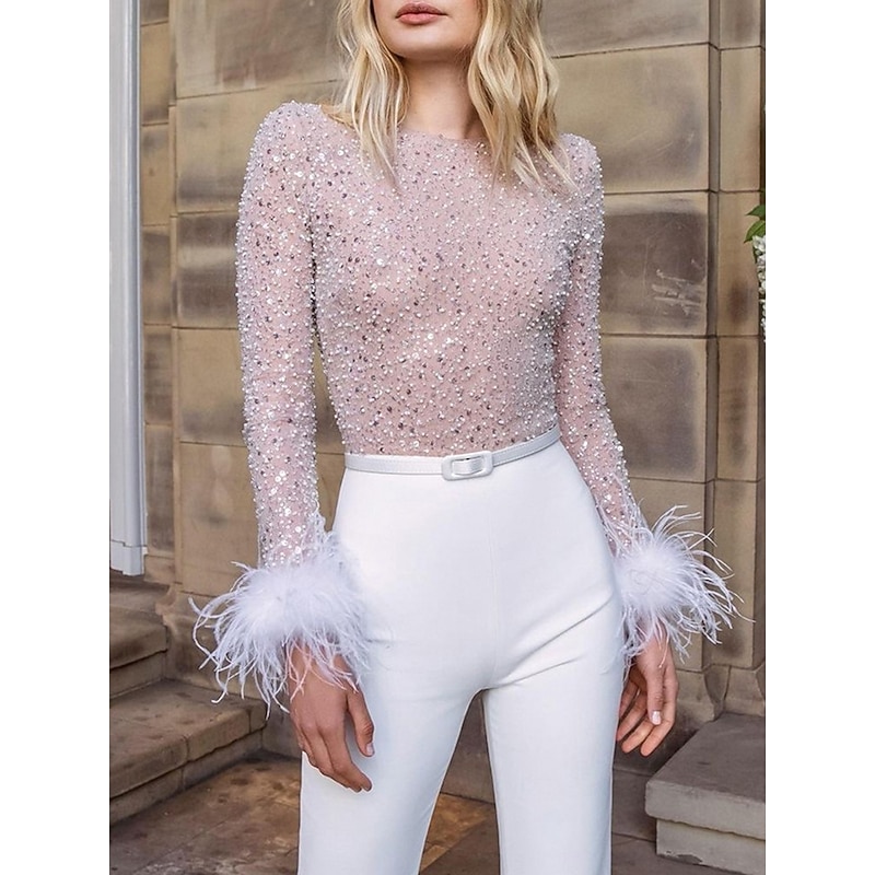 Women's Jumpsuit High Waist Feather Sparkly Solid Color Crew Neck Streetwear Wedding Party Regular Fit Long Sleeve White Pink Blue S M L Summer2