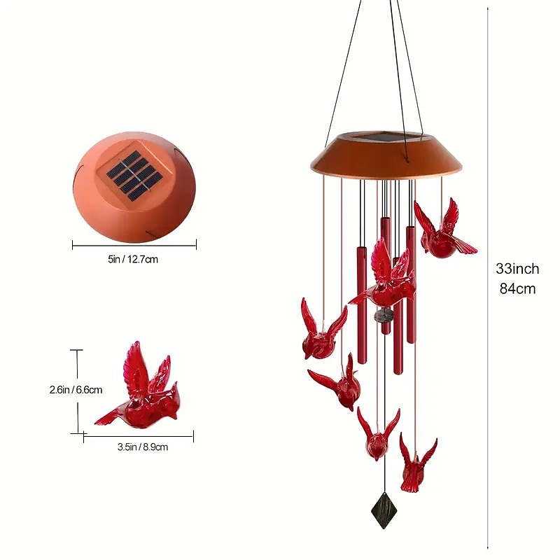 Cardinal Bird Solar Wind Chimes Outdoor Waterproof Garden Lights for Window Decoation Garden Patiio Backyard 6 LEDs Bird3