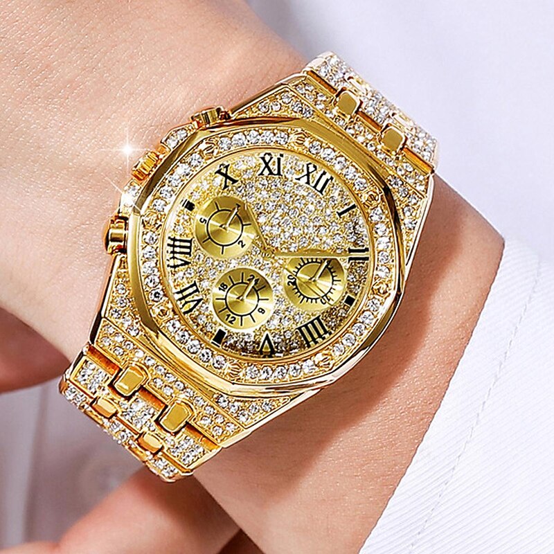 Men Quartz Watch Large Dial Rhinestone Business Chronograph Decoration Stainless Steel Watch