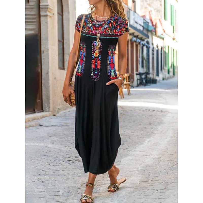 Women's Maxi Dress Casual Dress Vintage Vacation Regular Fit Floral Short Sleeve Crew Neck Black Yellow Khaki Summer3