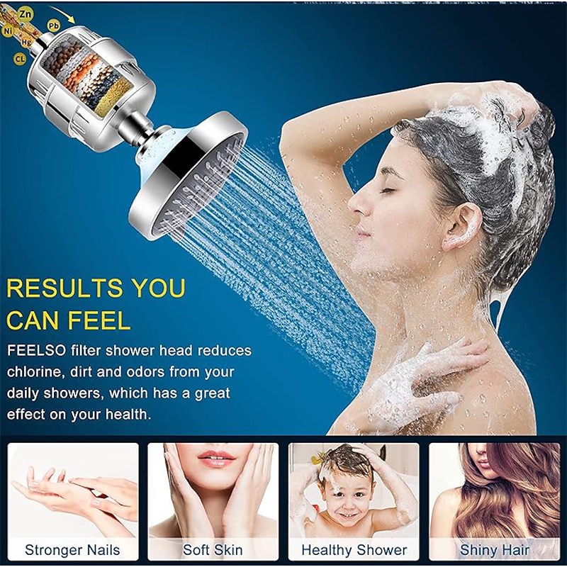 4/6 inch Rainfall Shower Head Set, 5 Mode Sprayer Showerhead with Water Filter, 360-degree Rotation High Pressure Overhead Shower Head Arm Chrome Black Silver4