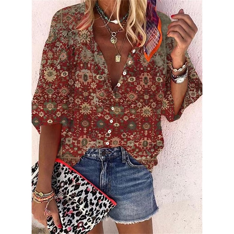 Women's Shirt Blouse Basic Buttons Print Long Sleeve Regular Tops V Neck Casual Pink Red Blue Purple Brown Spring Fall3