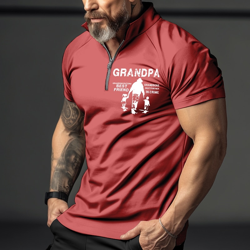 Men's Short Sleeve Quarter-Zip T-Shirt: Grandpa Granddaughters Best Friend & Grandsons Best Partner in Crime Family Graphic Gift4