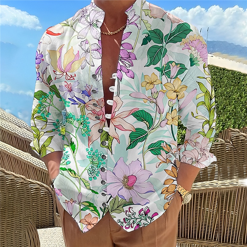 Men's Floral Graphic Prints Shirt Long Sleeve Shirt Stand Collar Outdoor Vacation White Red Purple Print Clothing Apparel Fashion Designer Casual Comfortable3