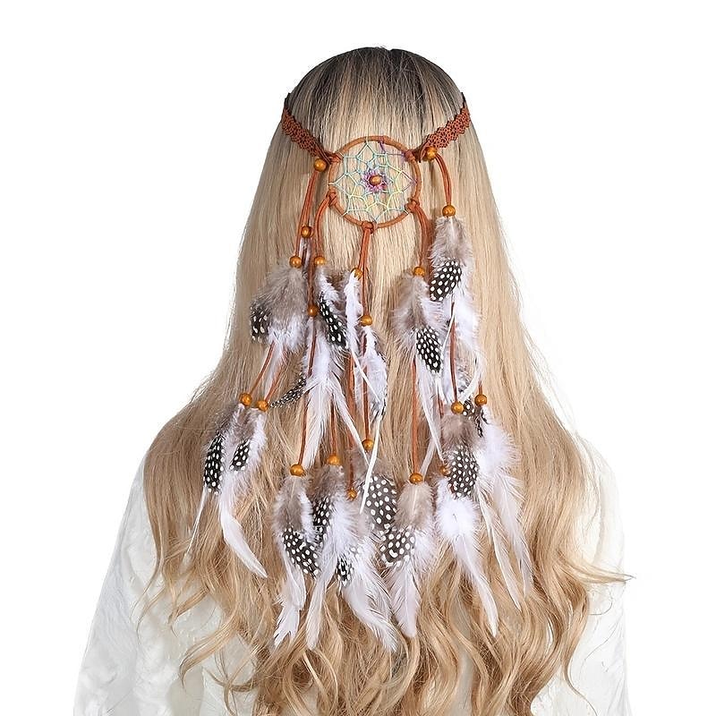 Bohemian Dreamcatcher Feather Headband Gypsy Headpiece Feather Tassel Elastic Band Beaded Hairband Hippie Costume Accessories For Women And Girls