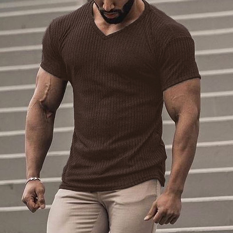 Men's T Shirt Muscle Shirt Ribbed Knit tee Tee Top Short Sleeves V Neck Summer Plain Designer Basic Modern Contemporary Vacation Street Going out Black White Coffee Top Tee for Men