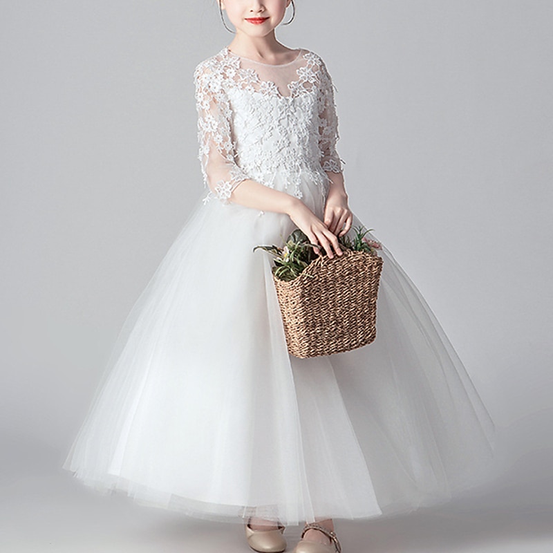 Kids Girls' Flower Girl Dress Dress Party Dress Solid Color 3/4 Length Sleeve Performance Wedding Party Lace Mesh Fashion Adorable Princess Polyester Maxi Lace Dress Party Dress Swing Dress Summer