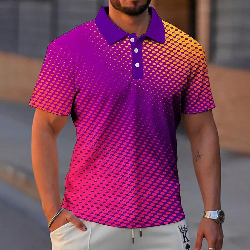 Men's Geometric Neon Polo Shirts Golf Shirt Short Sleeve Polo Shirts Collared Shirts Casual Vacation Wear Formal Wear Festival Wear Buttons 3D Print White Purple Gray