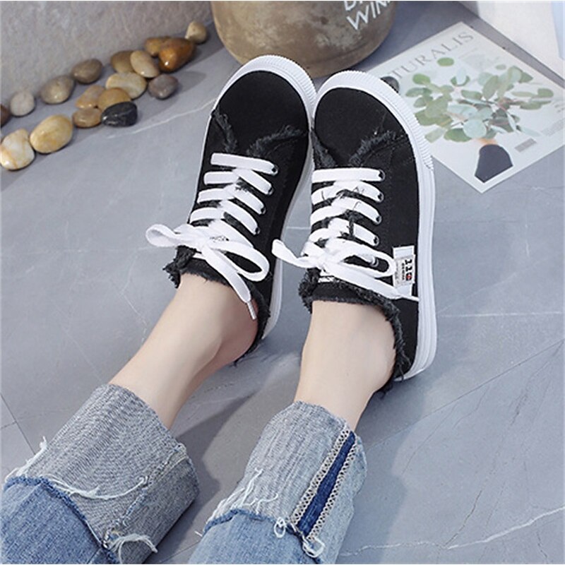 Women's White Backless Canvas Sneakers with Raw Edge Design, Slip-On Lace-Up Mules for Summer Streetwear, School, and Casual Outings 12