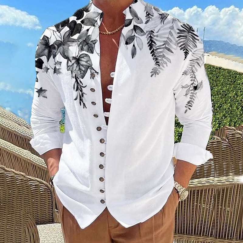 Men's Leaves Shirt Button Up Shirt Long Sleeve Fashion Designer Casual Outdoor Vacation Daily Fall Autumn / Fall Spring & Summer Stand Collar Print Lake blue White Pink Red Blue4