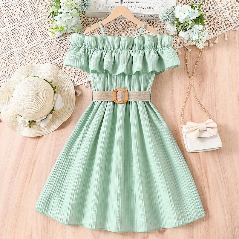 Kids Girls' Dress Solid Color Sleeveless Short Sleeve Outdoor Casual Ruffle Daily Casual Polyester Knee-length White Dress Casual Dress Summer 7-13 Years White Pink Blue4