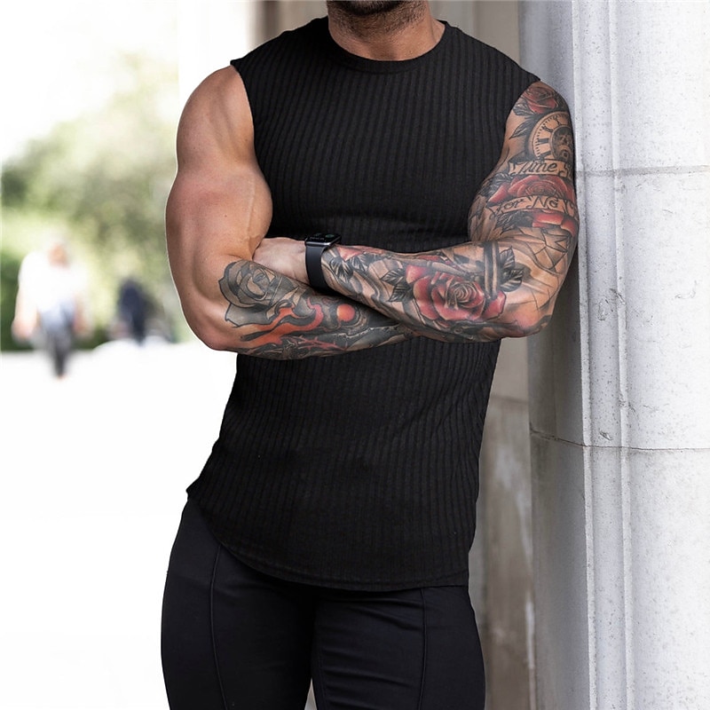 Men's Tank Top Vest Top Undershirt Sleeveless Shirt Sleeveless Crew Neck Summer Plain Pit Strip Fashion Streetwear Muscle Knitting Sports & Outdoor Athleisure Gym Black White Navy Blue Top Tee for Men4