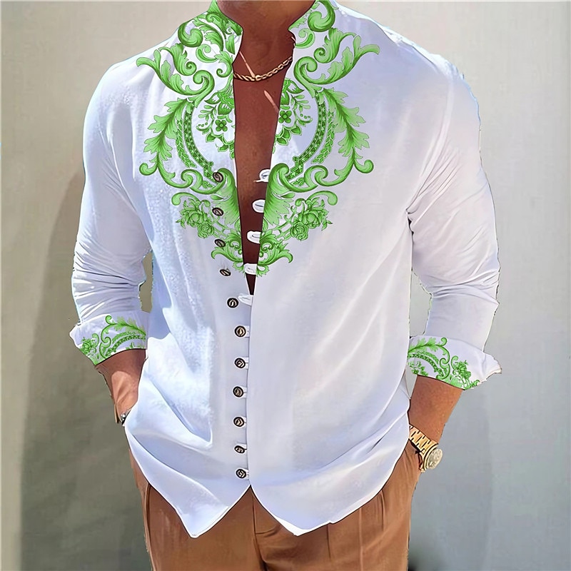Men's Totem Shirt Button Up Shirt Long Sleeve Fashion Streetwear Designer Outdoor Casual Daily Summer Spring Fall Stand Collar Print Yellow Pink Blue Green Gray3