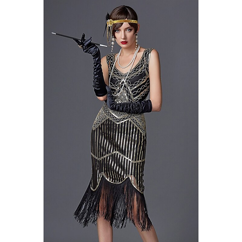 Retro Vintage Roaring 20s 1920s Flapper Dress Dress Outfits The Great Gatsby Sequins Tassel Fringe Fancy Dress Women's Party / Evening Masquerade Adults' Dress Gloves Stockings Spring & Summer All2