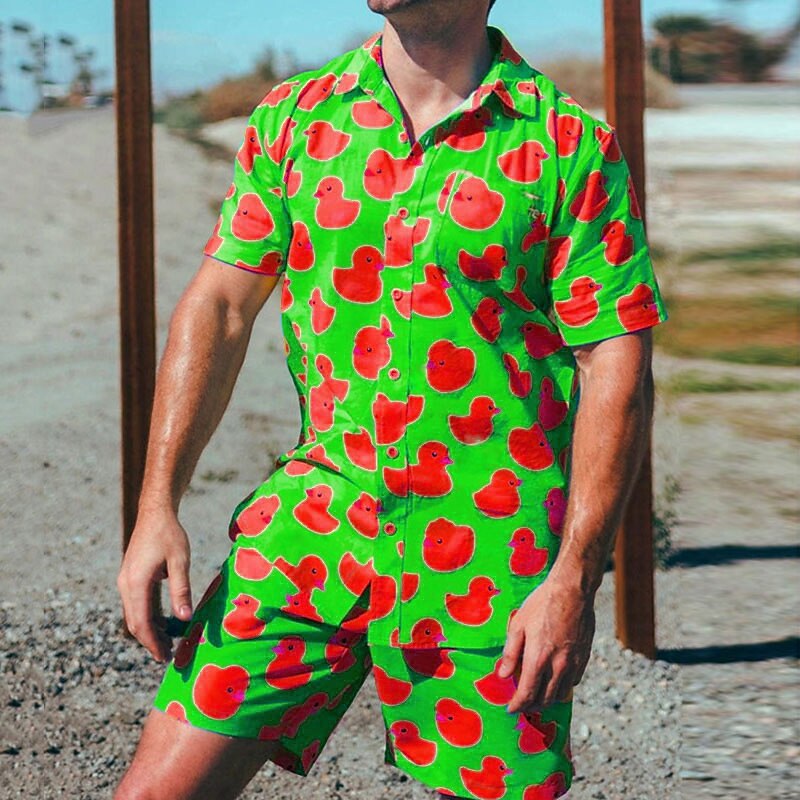 Men's Tropical Duck 2pcs Shirts Sets Summer Hawaiian Shirt Short Sleeve Short Pants Turndown Tropical Fashion Hawaiian Street Casual Hawaiian Print Summer Spring Red Blue Purple2