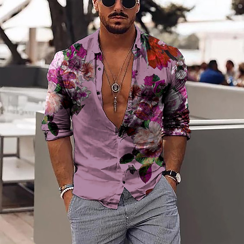 Men's Floral Shirt Button Up Shirt Long Sleeve Fashion Designer Casual Outdoor Daily Fall Winter Collar Print Button-Down Pink Blue Purple Green2