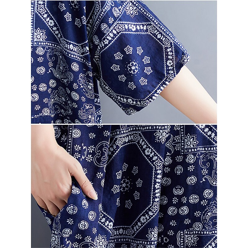 Women's Maxi long Dress Casual Dress Ethnic Dress Swing Dress Summer Dress Vintage Retro Casual Vacation Daily Holiday Loose Fit Tribal Half Sleeve Crew Neck Black Red Navy Blue Summer Spring Fall4