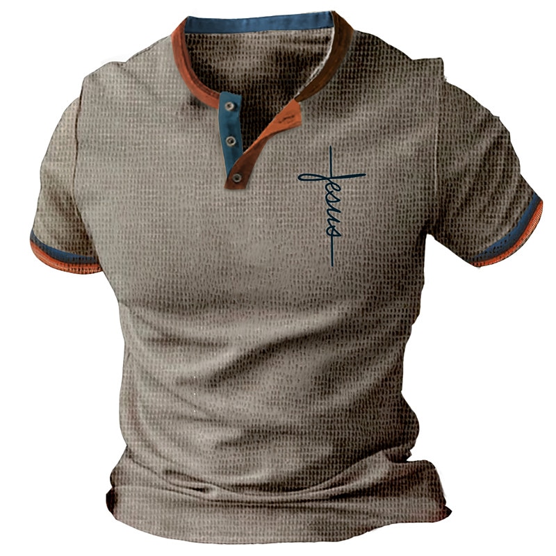 Men's Graphic Faith Waffle Henley Shirt Short Sleeve 3D Print Fashion Designer Basic Outdoor Daily Summer Brown Henley Henley T-Shirt
