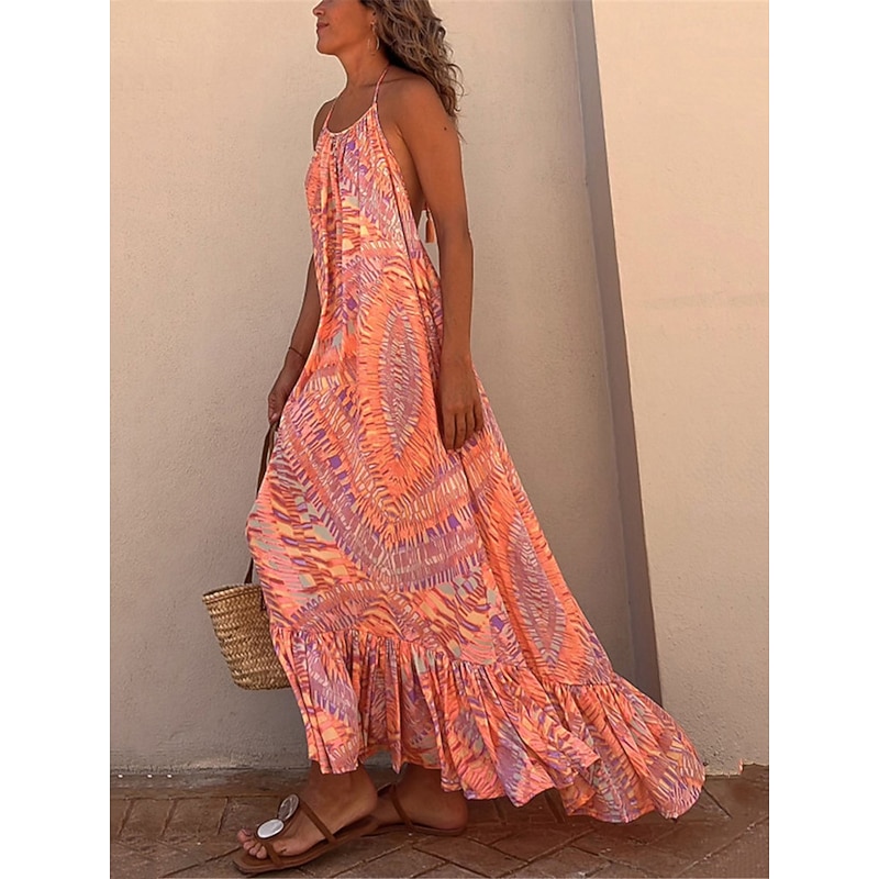 Women's Maxi long Dress Boho Dress Boho Chic Dresses Leaf Bohemia Casual Daily Holiday Ruffle Backless Sleeveless Halter Neck Dress Regular Fit Orange Summer Spring S M L XL4