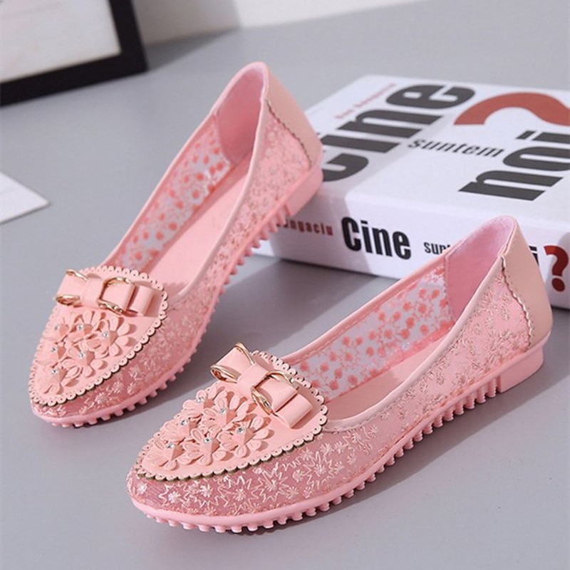 Women's Pink Lace Flats with Bow and Floral Details - Elegant and Comfortable Casual Shoes for Everyday Wear4