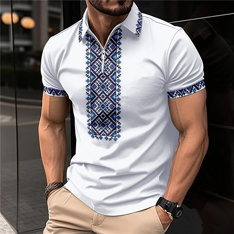 Men's Tribal Zip Polo Shirts Golf Shirt Short Sleeve Polo Shirts Collared Shirts Vintage Casual Vacation Wear Party Outfits 3D Print Quarter Zip Polo Yellow Light Green Blue4