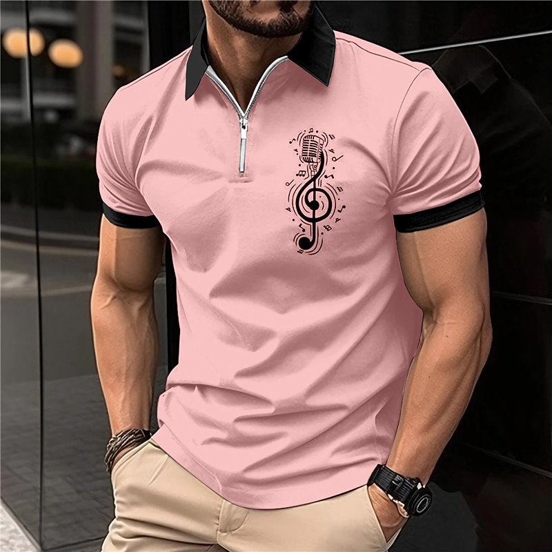 Music Festival Men's Music Zip Polo Shirts Golf Shirt Short Sleeve Polo Shirts Collared Shirts Casual Vacation Wear Festival Wear Party Outfits 3D Print Quarter Zip Polo White Pink Blue2